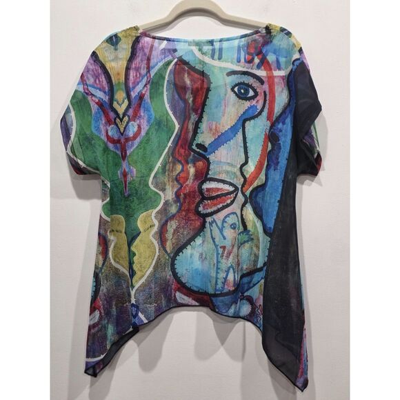 New! Radzoli Abstract Artsy Face Sheer Layering Top Shark Bite Hem Boho, M - Picture 4 of 7